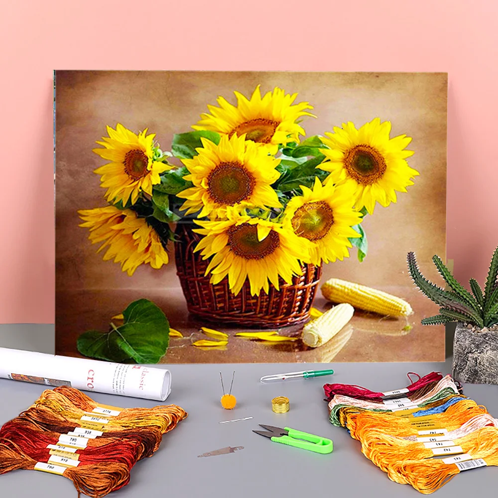 

Sunflower Flower Printed Water-Soluble Canvas 11CT Cross-Stitch Patterns DIY Embroidery DMC Threads Knitting Promotions