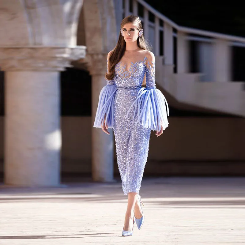 

Женское вечернее платье с длинным рукавом, лавандовое кружевное платье-футляр с длинным рукавом и вышивкой из бисера, в стиле Саудовской Ар...