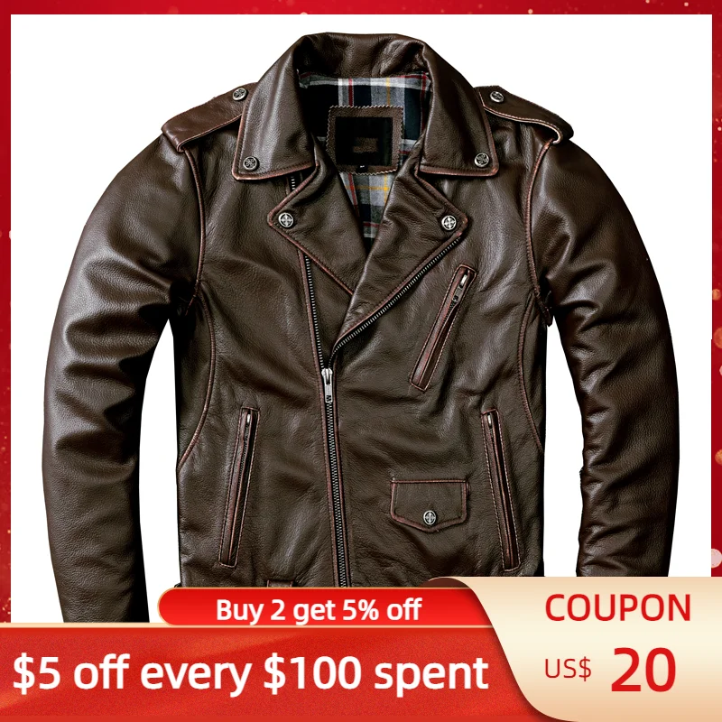 

2022 Vintage Brown American Style Motorcycle Leather Jacket Men Plus Size 4XL Genuine Cowhide Autumn Slim Fit Biker's Coat