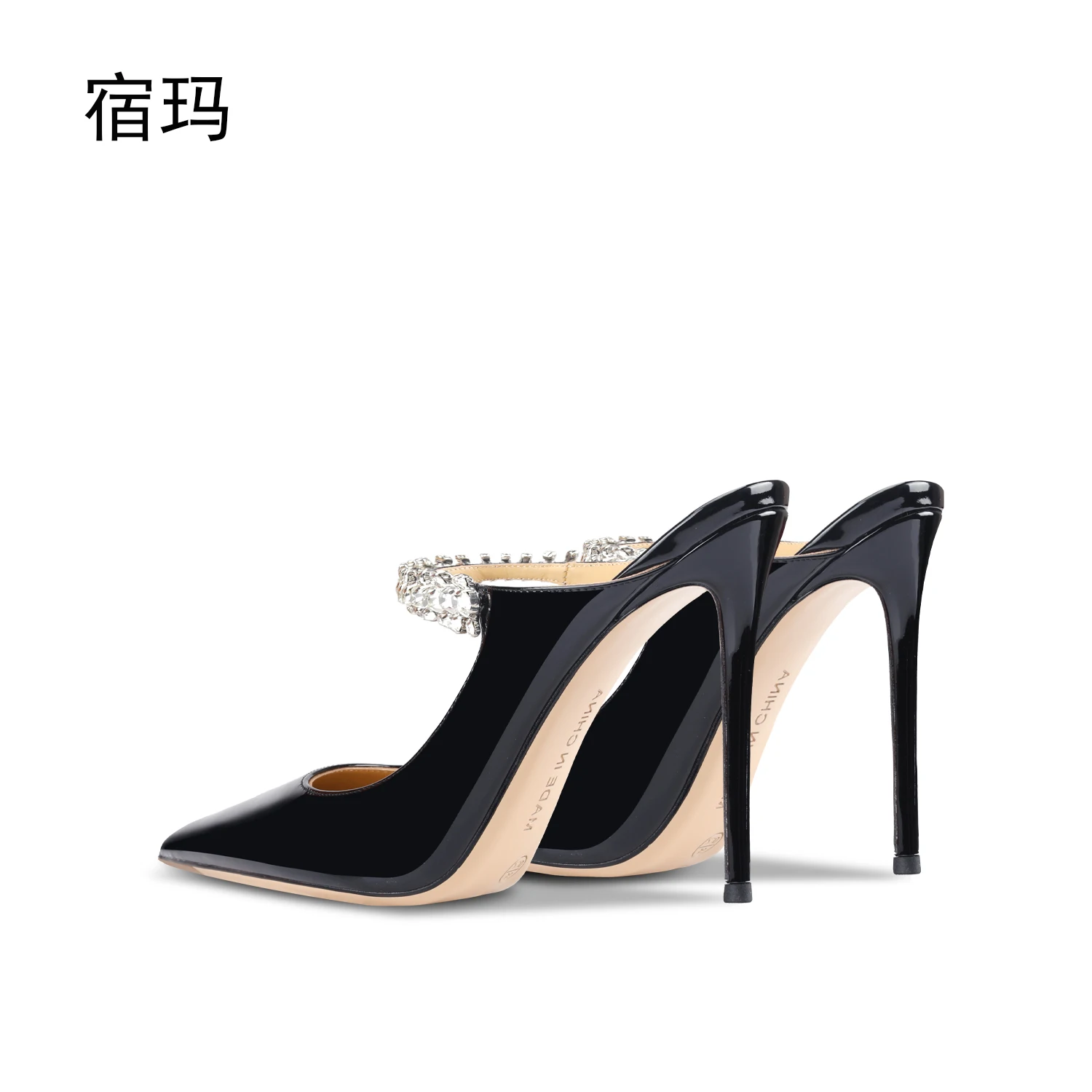 2023 Summer Women Sandals High Heel Slippers Crystal Decoration Pointed Toe Back Strap Elastic Band Elegant Fashion Shoes Ladies