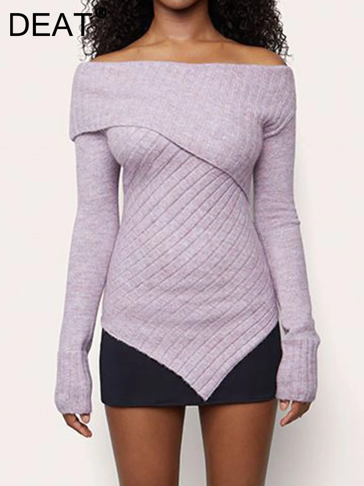 

DEAT Fashion Women's Knitted Pullover Slash Neck Long Sleeves Irregular Hem Stripe Texture Sweater Lady Autumn 2023 New 7AB525