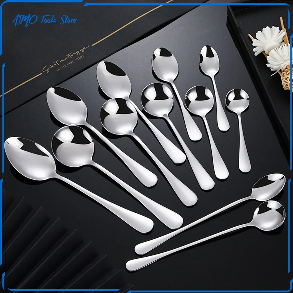 

[Top Quality] 1pcs Household Round Spoon/Oval Spoon/Long Handle Eating Spoon/Dessert Stainless Steel Spoon Kitchen/Table Tools