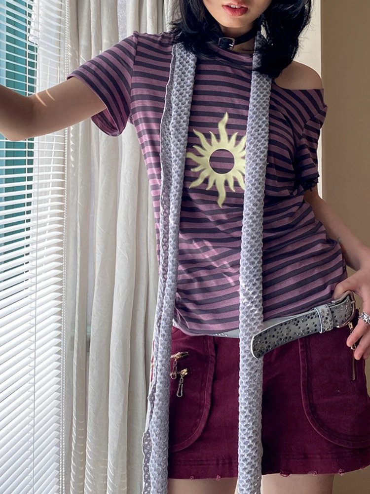 Женская футболка в полоску с коротким рукавом стиле Харадзюку |