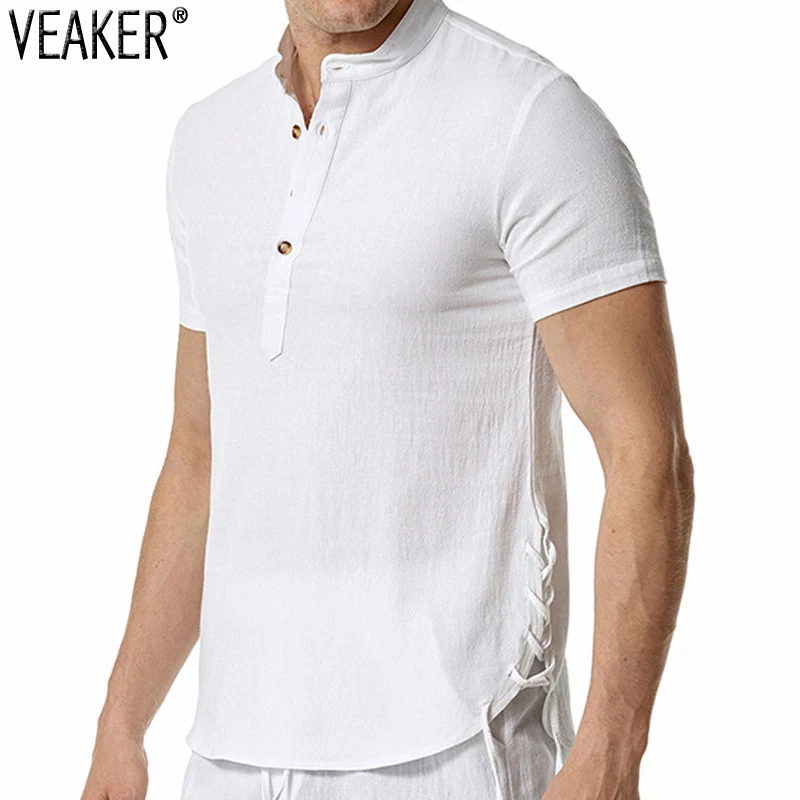 

Мужская льняная футболка с V-образным вырезом, с коротким рукавом