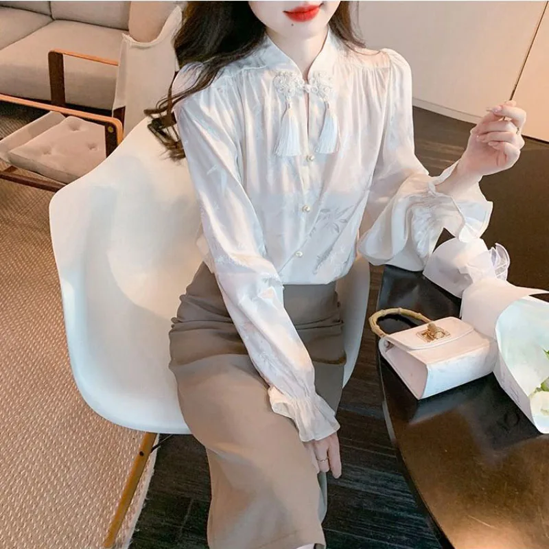 Новая женская рубашка с жаккардовыми пуговицами в китайском стиле весна-осень 2023