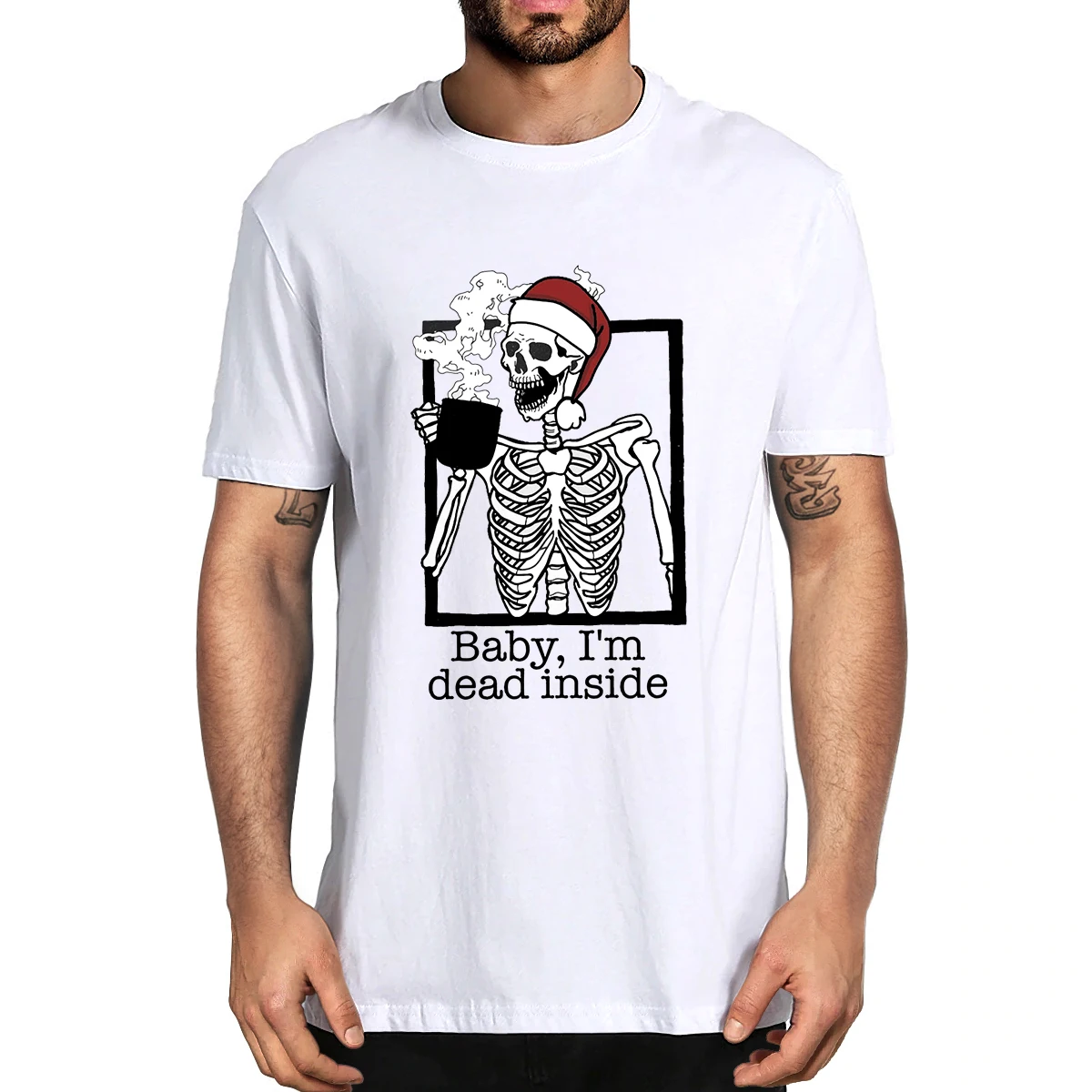 

100% Cotton Skeleton Drinking Coffee Baby Im Dead Inside Funny Christmas Summer Men's Novelty T-Shirt Women Casual Streetwear