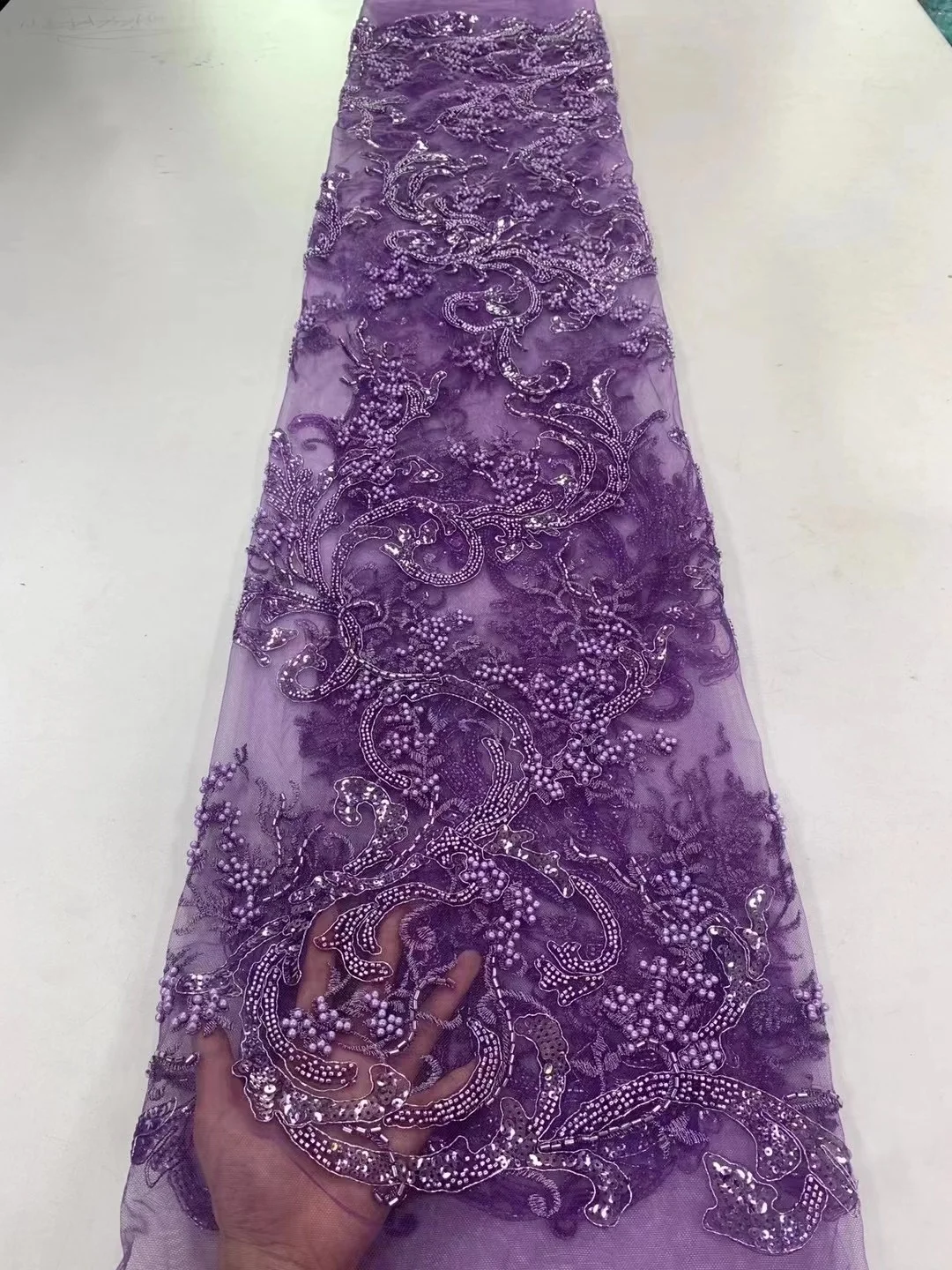

Purple High-End Luxury Embroidery Heavy Groom Catwalk Lace Fabric African Nigerian With Sequin Fabric For Wedding Dress Party