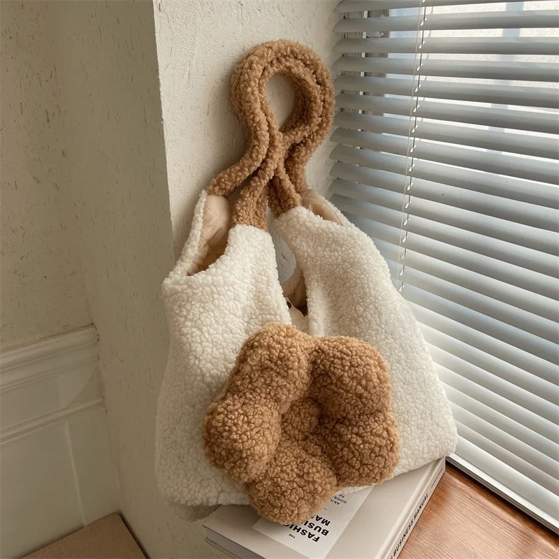 Сумка-тоут женская из овечьей шерсти милый вместительный плюшевый саквояж на