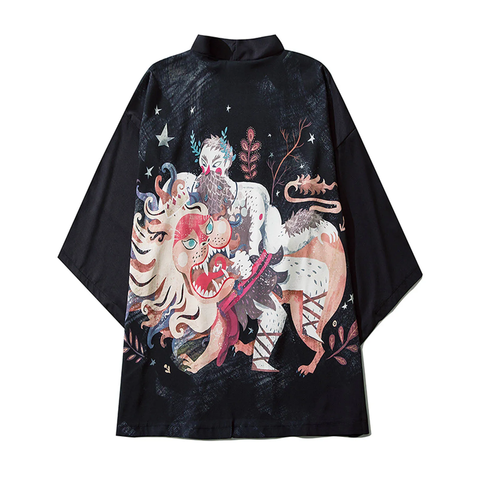 

Front Men's Style Open Cover Japanese Up 3/4 Sleeve Casual Loose Print Cardigan Men Shirts Long Sleeve T Shirt