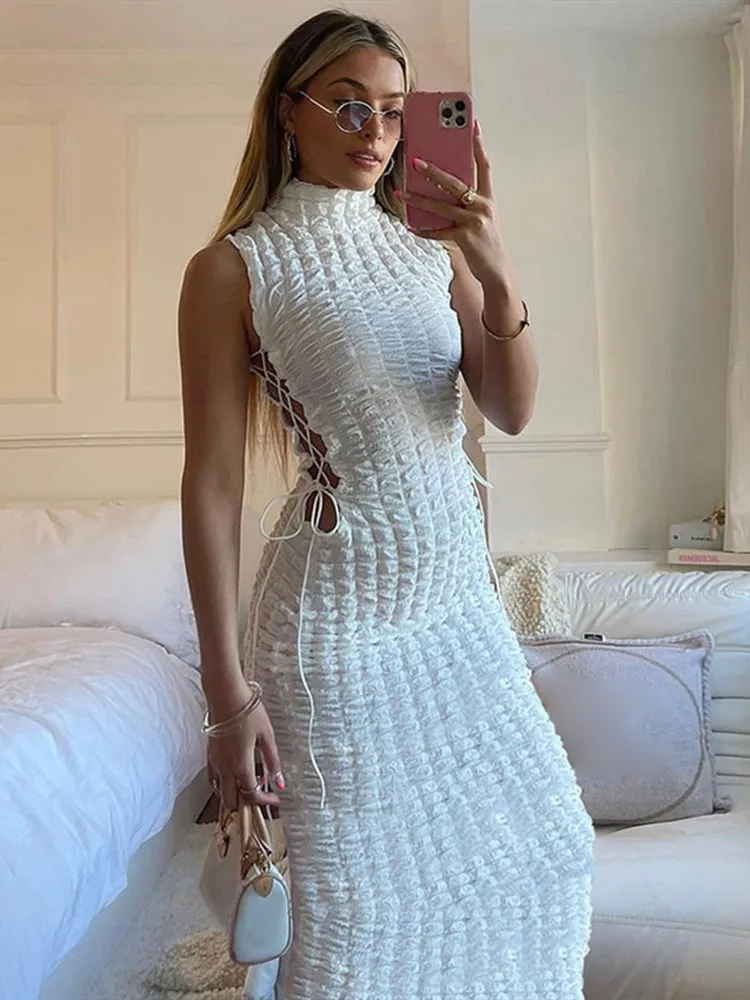 

hirigin Solid Turtleneck Sleeveless Hollow Out Bandage Maxi Prom Dress Sexy Bodycon Summer Women Elegant Outfits Evening Party