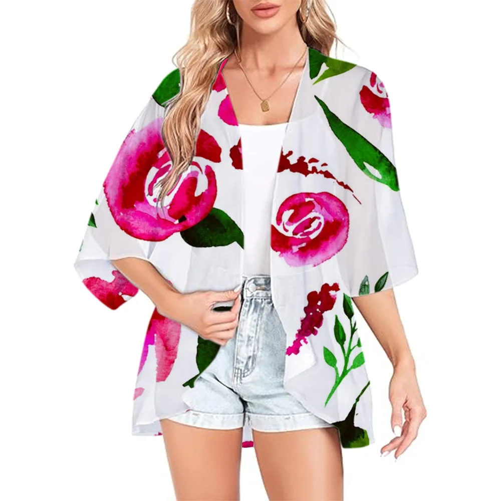 Женское летнее короткое кимоно с акварельной розой и 3D принтом кардиган в стиле