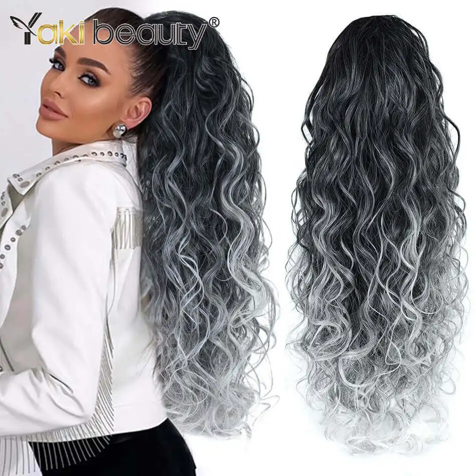 

Synthetic Long Wavy Drawstring Ponytail Extainson Clip in Hair Extensions Blonde Natural Hair Fake Weave Ponytails Ombre 1B/Gray