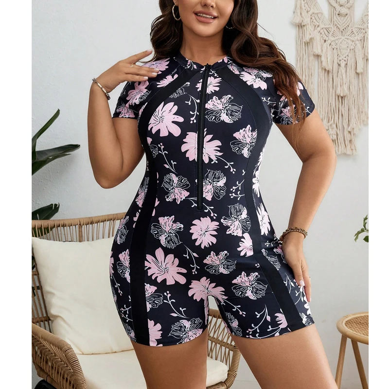 

2024 New Short Sleeve Swimsuit Women One Piece Rash Guards Surf Bodysuit Floral Zipper Swimwear Girl Monokini Bath Swimming