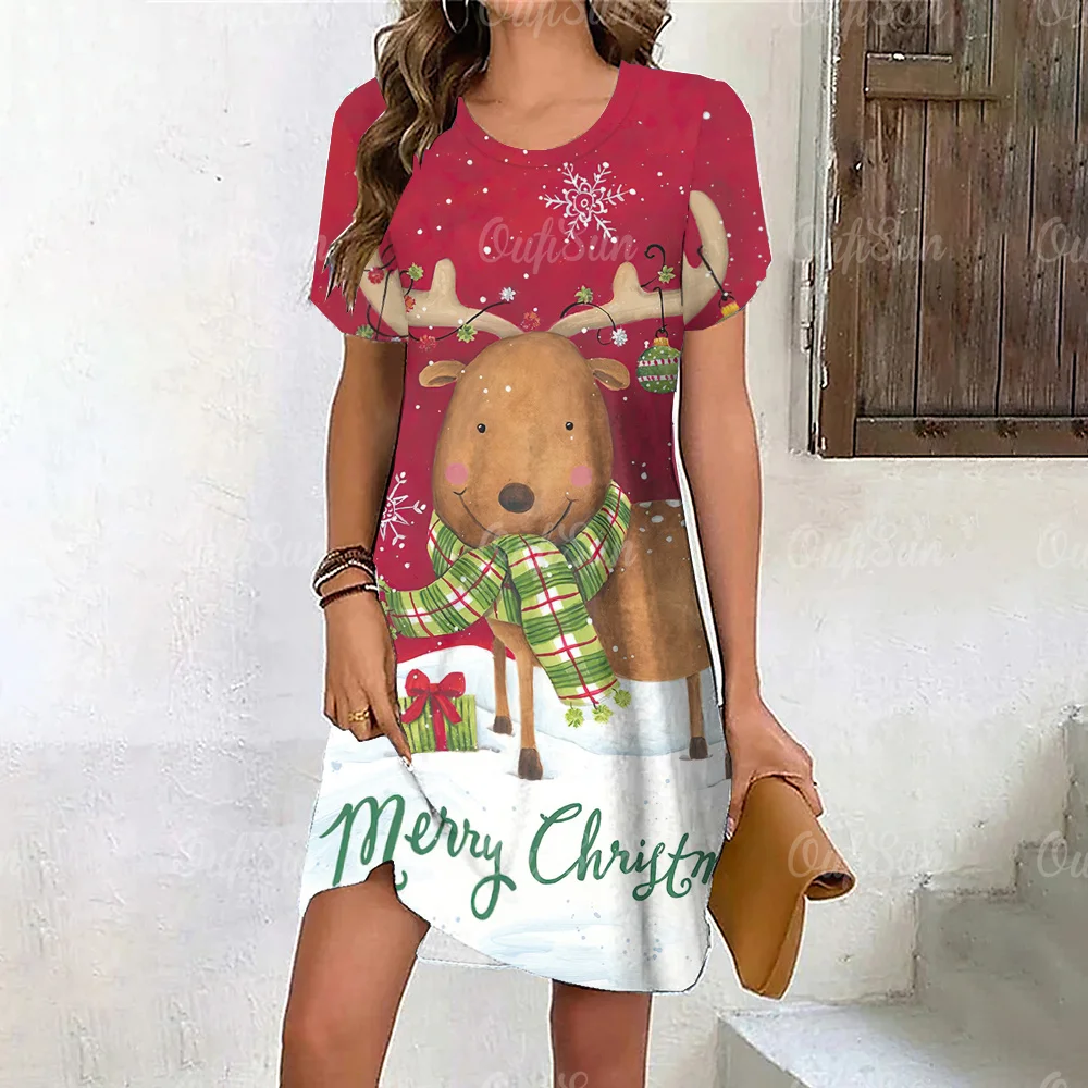 

Cute Elk Print Dress Women Red Christmas Evening Dress New Short Sleeve Sexy Mini Dresses Fashion Party Holiday Woman Clothes
