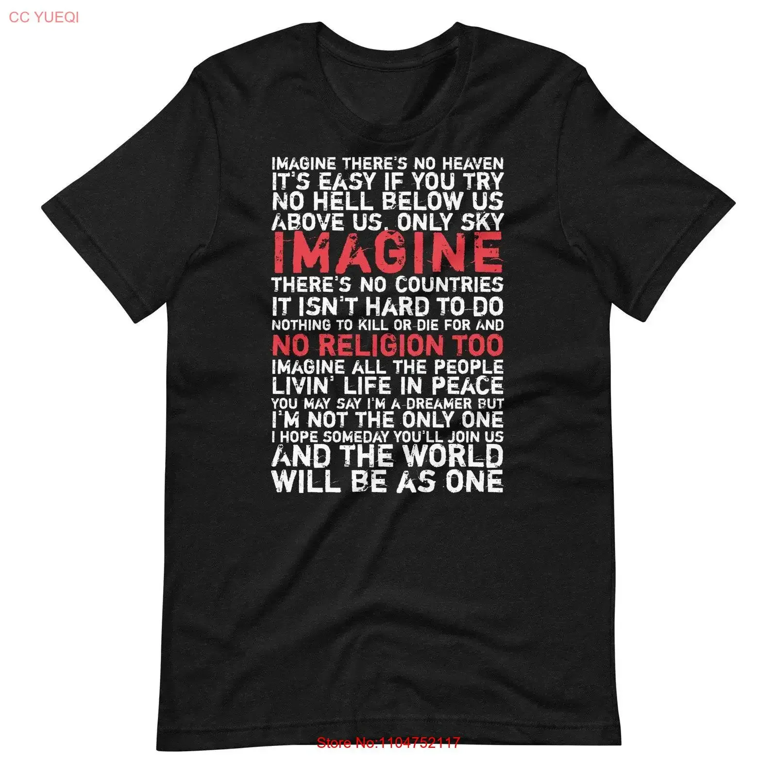 Фото Футболка Imagine Lennon с принтом текста песни, черная, винтажная, с эффектом потертости, эластичная, стильная, дышащая, унисекс, для повседневной носки, удобная, мягкая. №1