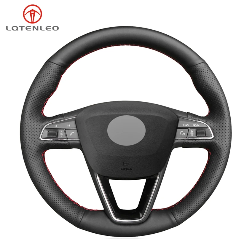 LQTENLEO Black Genuine Leather HandSewing Car Steering Wheel Cover For Seat Leon Arona Ateca Alhambra 5F Mk3 Ibiza 6J Tarraco