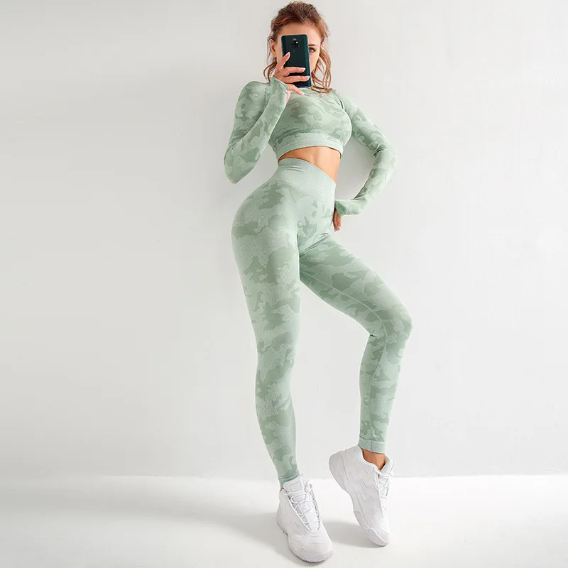 

Seamless Camo Yoga Set Women Outfits Gym Clothing High Waist Leggings Sport Bra Long Sleeve Top Workout Sports Suit Sportswear