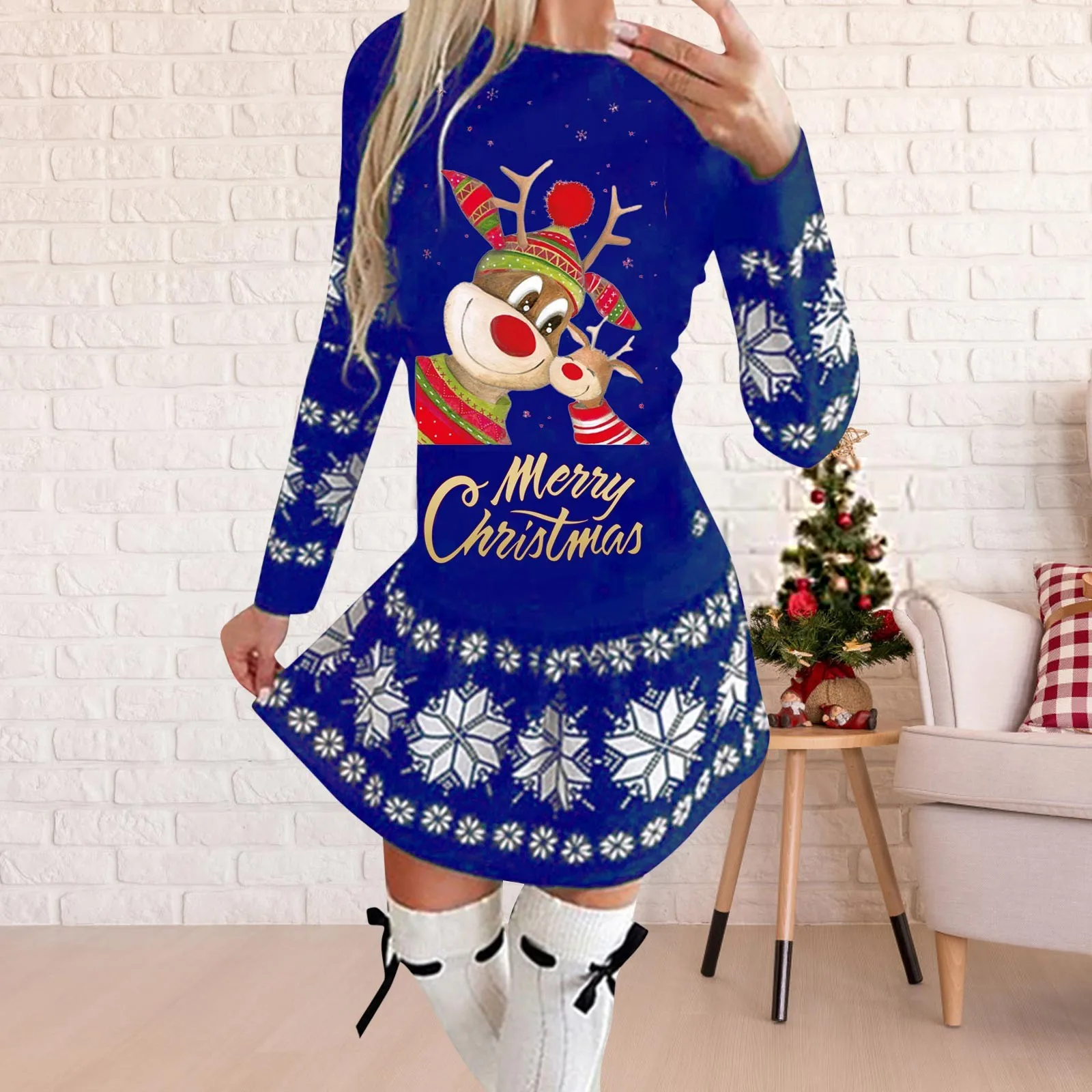 

Merry Christmas Women Dress Classtic Cartoon Deer Snowflake Printed Mini Party Dresses Xmas Holiday Ladies Sweet Pleated Dress