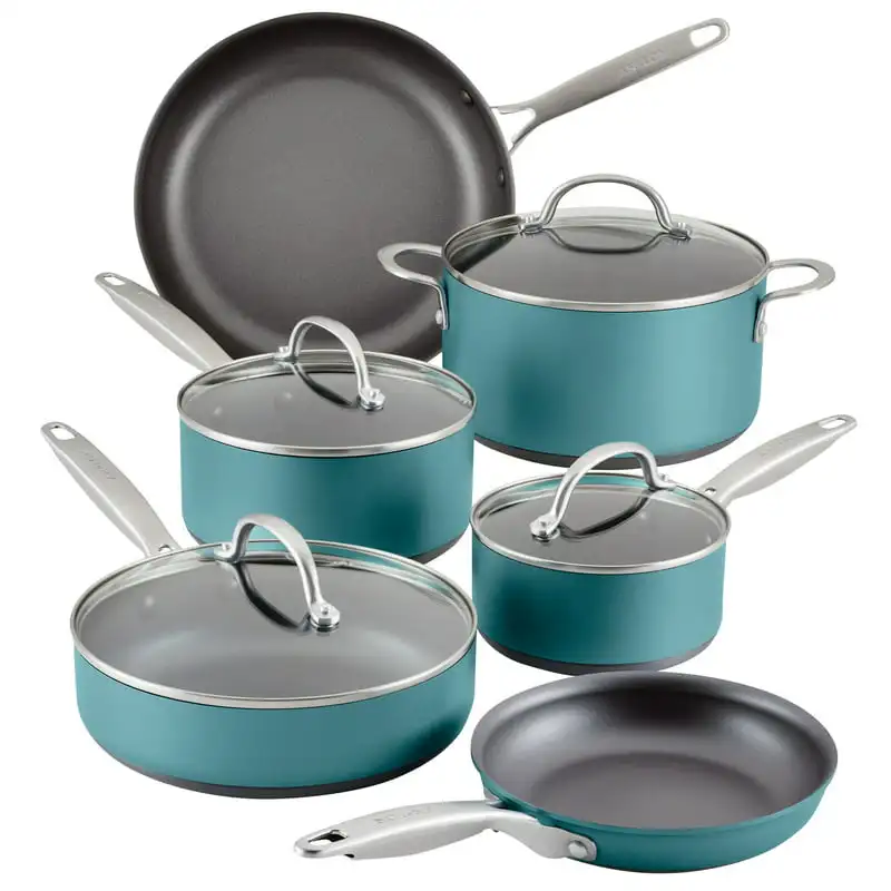

Achieve Hard Anodized Nonstick Cookware Pots and Pans Set, 10-Piece, Teal