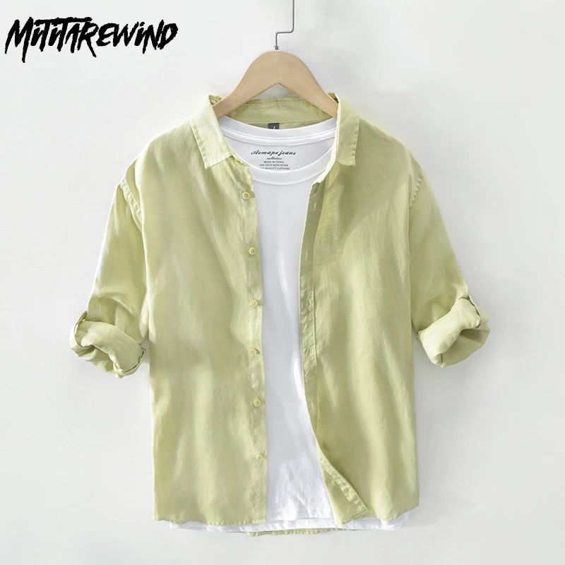 

Рубашка мужская с длинным рукавом, дышащая блуза из 100% натурального льна, на пуговицах, молодежная Повседневная Свободная верхняя одежда в японском стиле, 6 цветов