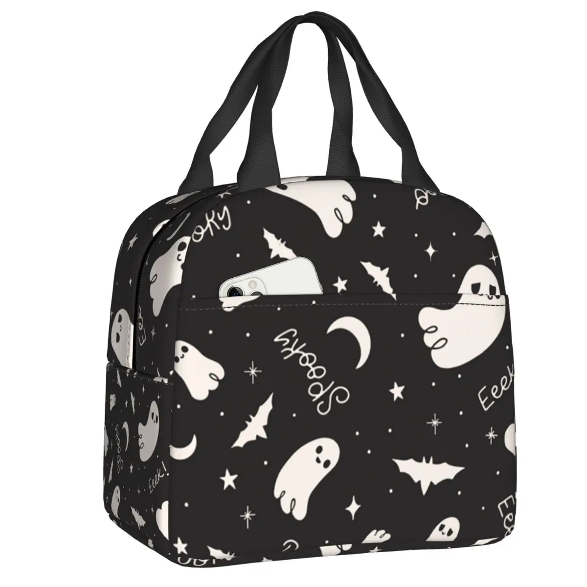 

Spooky Cute Ghost Halloween Insulated Lunch Bags for Women Goth Occult Witch Bats Resuable Cooler Thermal Bento Box lunchbag