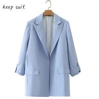 casual suits 2022 new womens clothing medium and long one button light blue loose casual rollable sleeves all match suit jacket