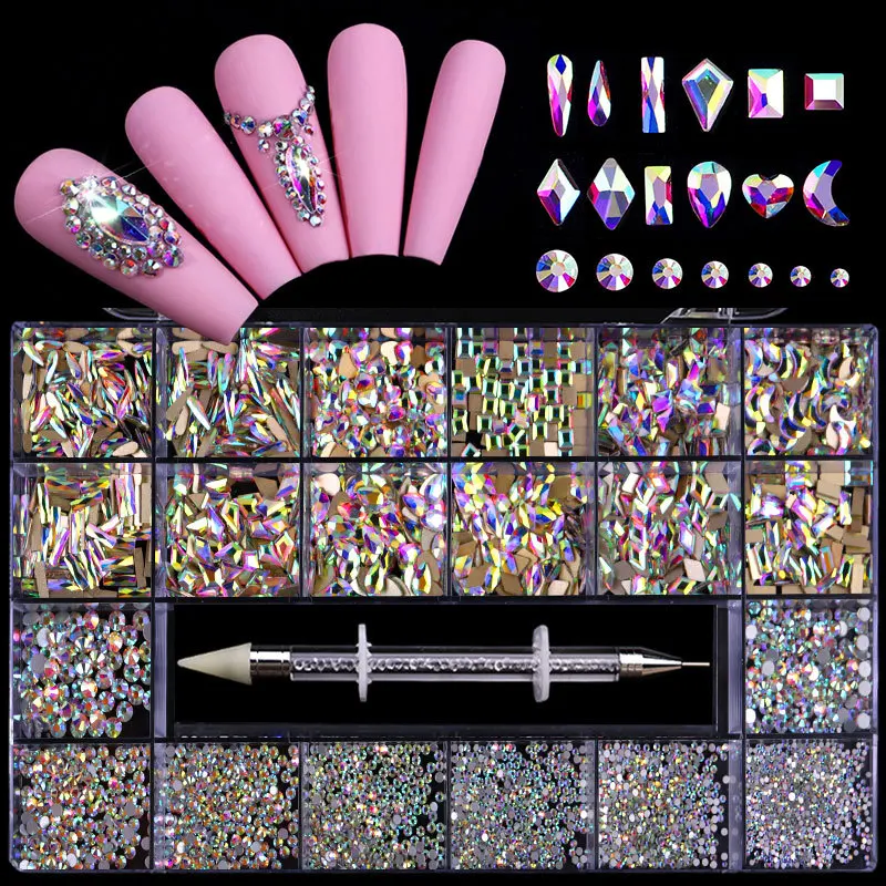 3100pcs Crystal AB Nail Rhinestones Kit Nail Art Design Stones Set Luxury Sparkling Nail Art With 1 Pen For Nail Decoration