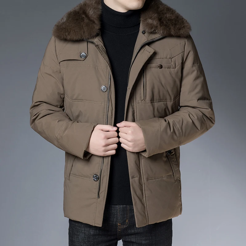 Winter Men Khaki Black Puffer Jackets With Fur Collar Thick Thermal Puff Basic Coat Male Warm Quilted Overcoat Padded Outerwear