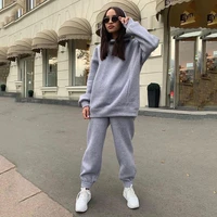 2022 womens autumn and winter new fashion hot sale solid color hoodie pocket fashion casual suit pants two piece