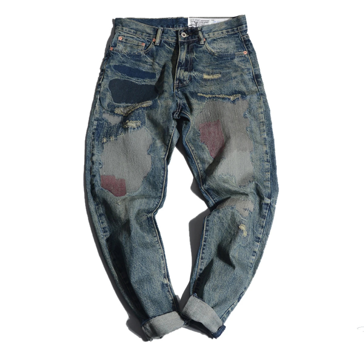 

Heavy American Retro Old Patch Jeans Men's Washed Patch Trousers