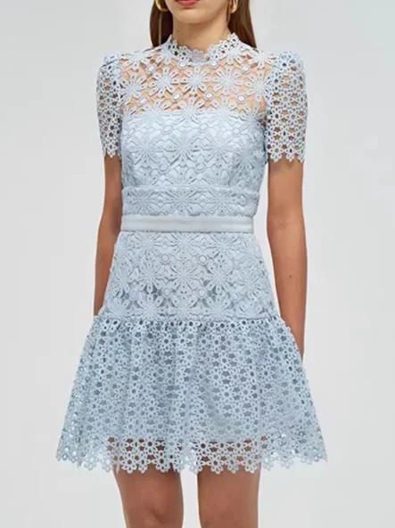 

Women Mini Dress Lace Short Sleeve Sweet Robe