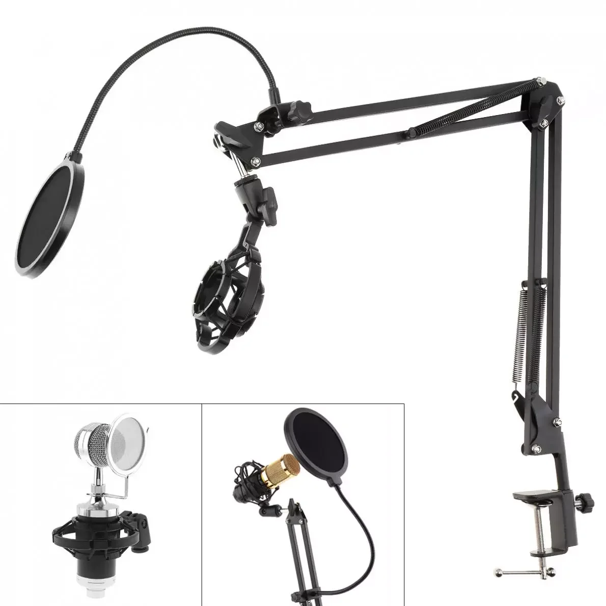 

Multifunction Shockproof Microphone Holder Bracket with Double Layer Microphone Pop Filter and Table Clip