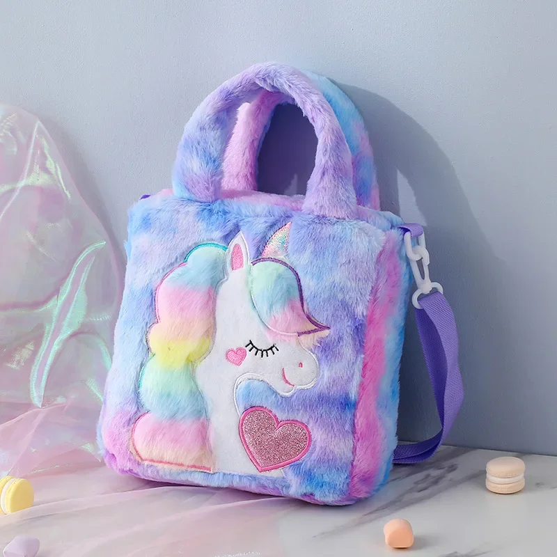 

Kid Embroidery Unicorn Plush Crossbody Purses and Handbags Little Girls Rainbow Fluffy Purse Cute Cartoon Furry Shoulder Bag