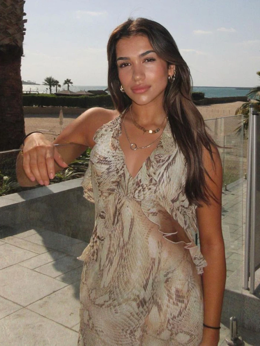 

Женское летнее длинное платье с принтом, V-образным вырезом и оборками