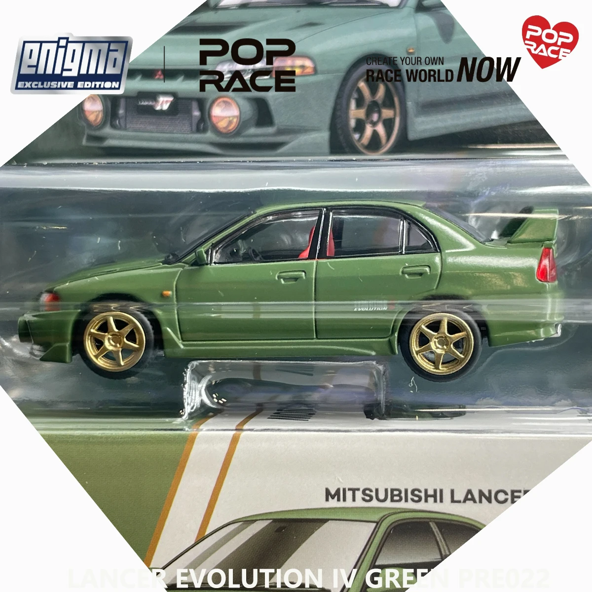 Фото Блистерная упаковка Pop Race PRE022 1:64 Lancer Evolution IV Green Enigma Эксклюзивная коллекционная модель автомобиля из сплава JDM Седан №1