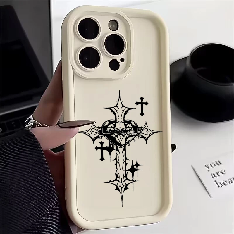 Фото Роскошный черный чехол для телефона с принтом Креста для iPhone 15 14 13 12 11 Pro Max Mini XR XS MAX 7 8 Plus SE2022 противоударный мягкий чехол №2