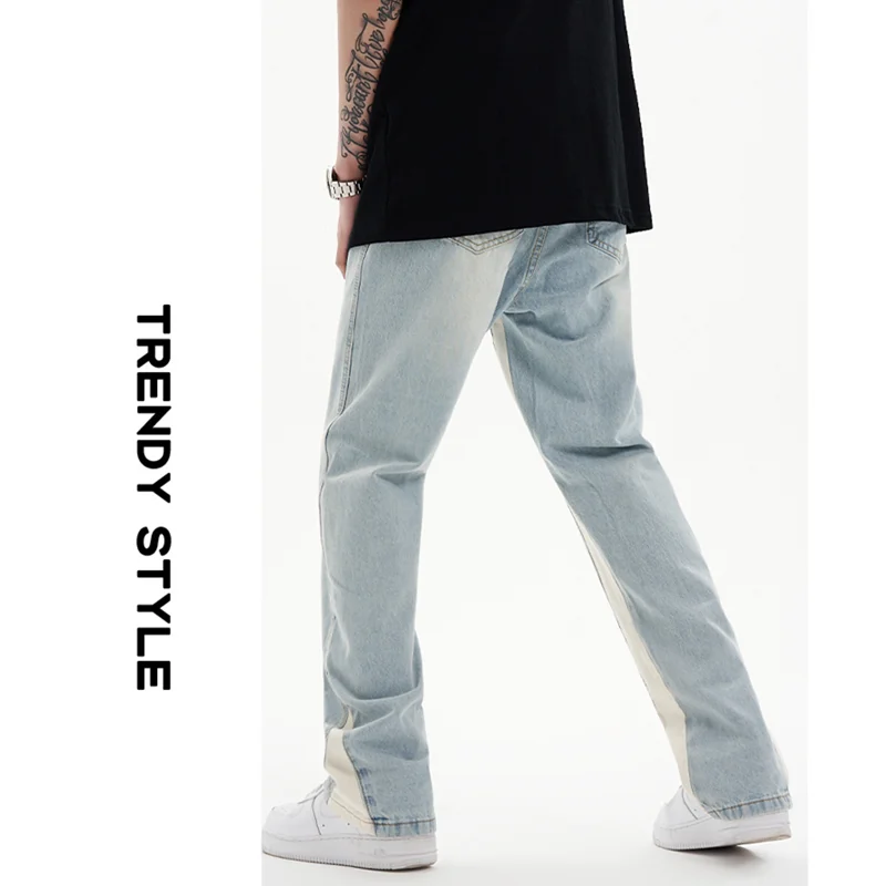 Streetwear Men 2022 Fashion New Pattern Vintage Splicing Recreational Blue Jeans Loose Straight Cylinder Trousers Autumn Female