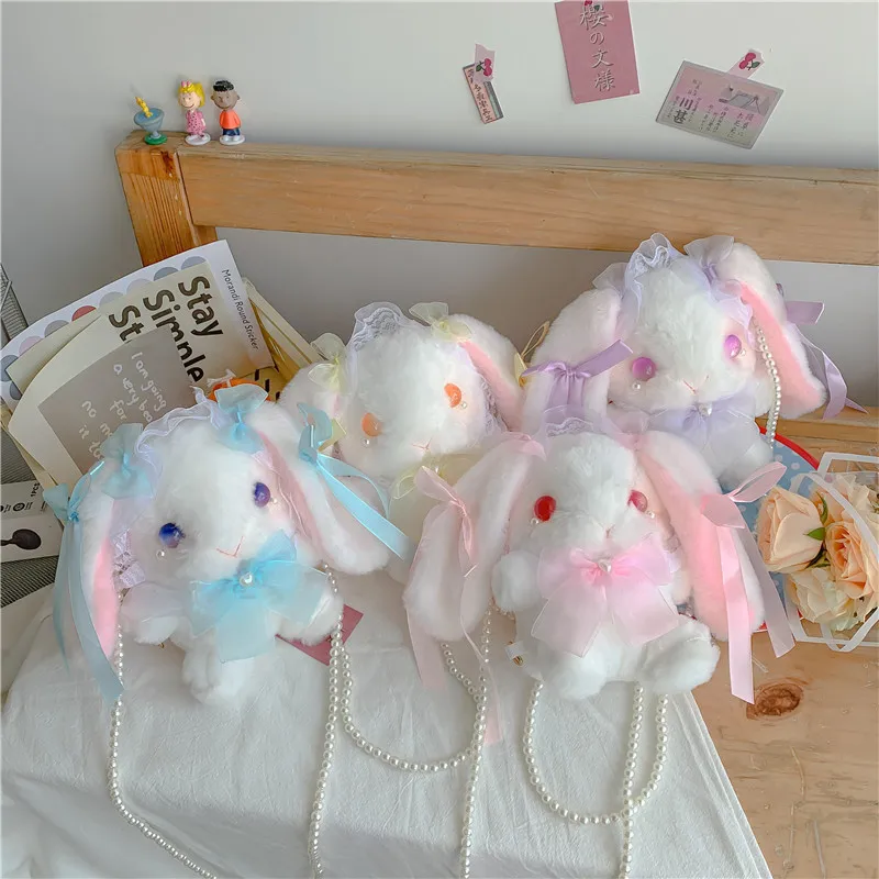 

2022 New Japanese Lolita Girls Shoulder Bag Plush Lace Lop Ear Pearl Rabbit Small Toy Coin Phone Bag Messenger Bag