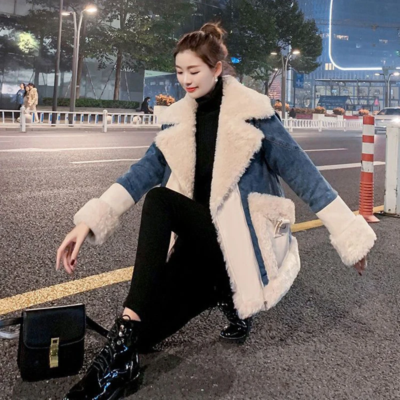 Женская джинсовая куртка из овечьей шерсти джинсовое пальто длинное свободное