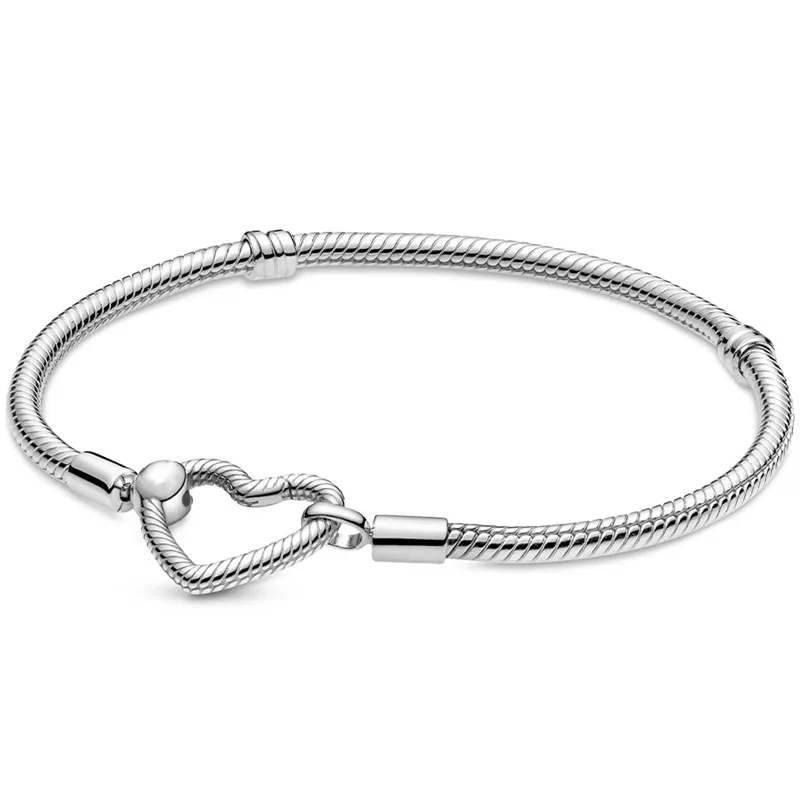 

Authentic 925 Sterling Silver Moments Heart Closure Snake Chain Bracelet Bangle Fit Bead Charm Diy Fashion Jewelry