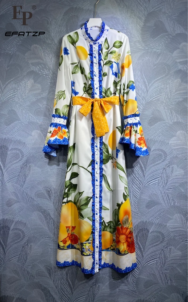 

EFATZP высококачественное летнее женское модное дизайнерское платье макси с расклешенными длинными рукавами оборками отделкой зелеными листьями платья-рубашки с принтом