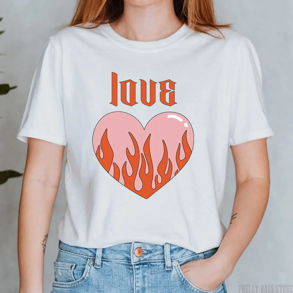 

2023 New Fire Heart Cherry Print White T-shirt Woman Casual Y2k Tops Man O-Neck Clothes Fashion Harajuku Clothings