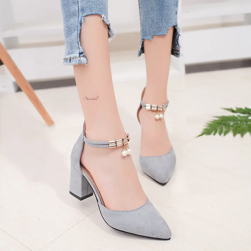 

2022 Spring New Thick Heel Shallow Mouth Sandals Pointed High Heels Shoes Women