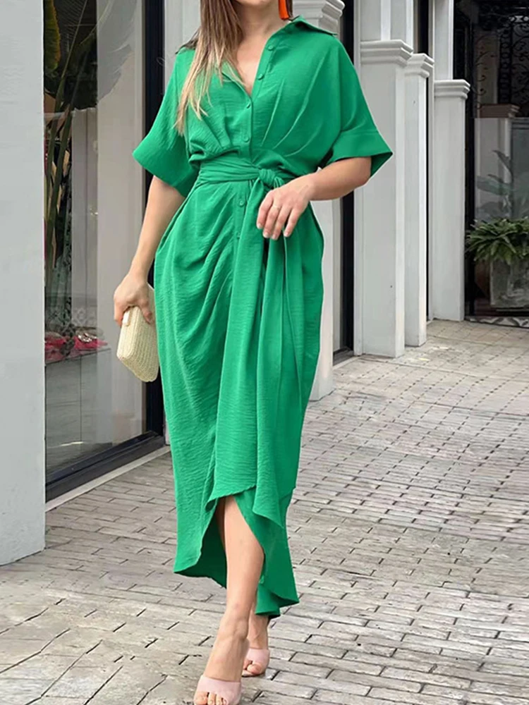 

Office Elegant Lapel Button Long Dress Fashion Bandage Pleat High Waist Solid Shirt Dress Women Casual Short Sleeve Party Dress