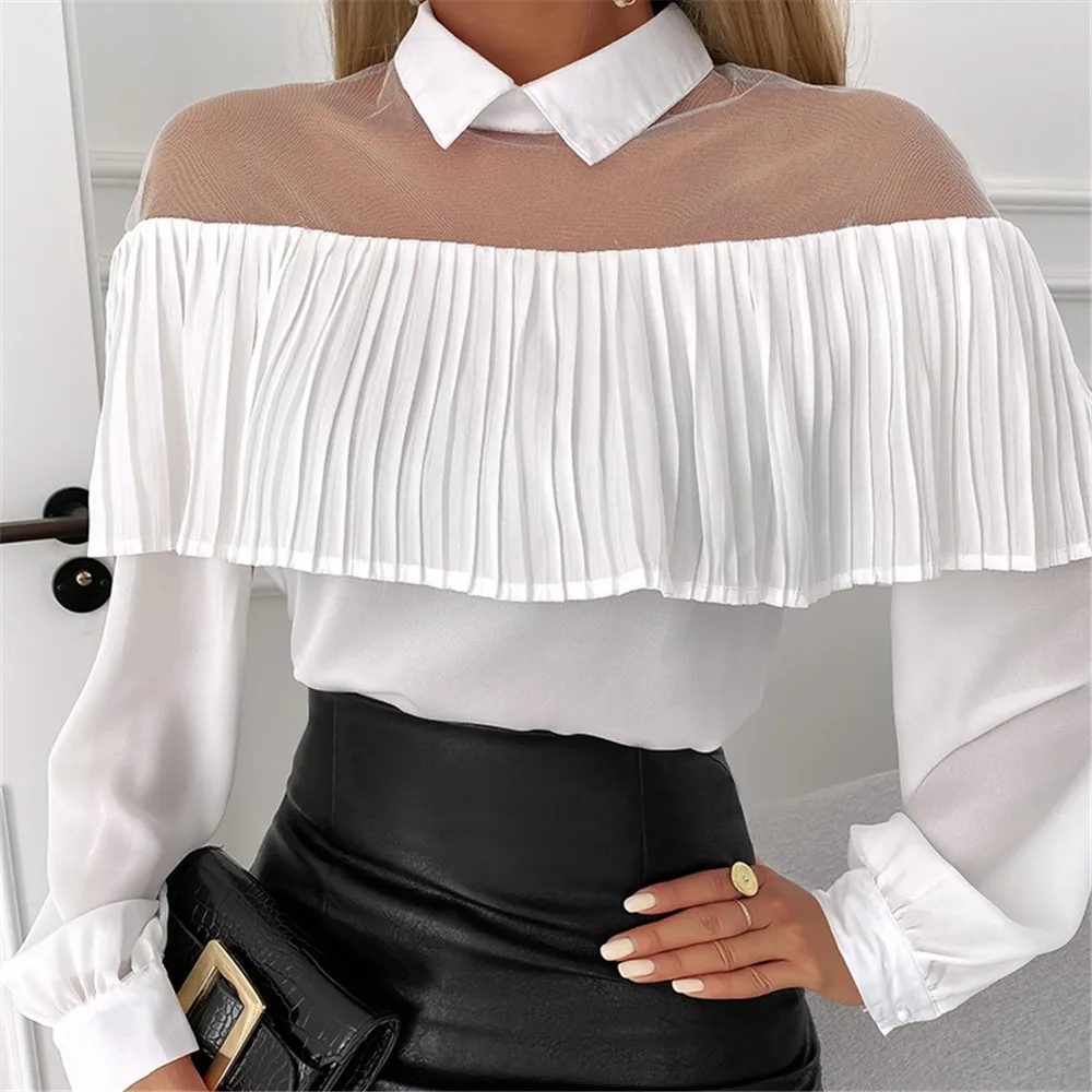 

Western Style Women Blouse Casual Long Sleeve Pleated Lace Patchwork Round Neck Blouse Pullover Slim Solid Spring Top For Ladies