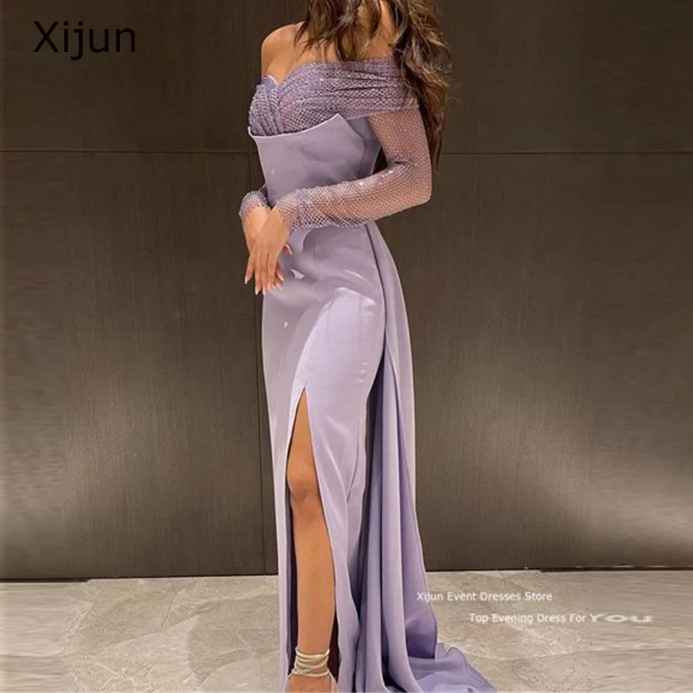 

Xijun Lilac Long Sleeves Prom Dresses Off The Shoulder Prom Gowns Side Split Floor Length Saudi Arabia Women Evening Party Dress