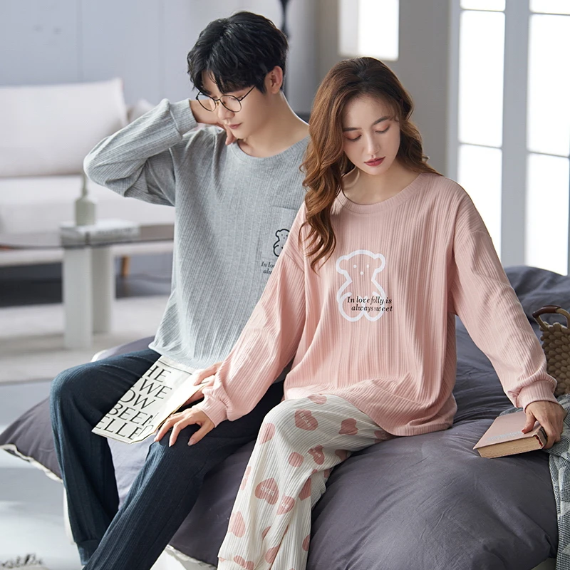 CAIYIER Cute Couple Pajamas Set Winter Cotton Grid Long Sleeve Sleepwear Suit Women & Men Sweet Nightwear Lovers Home Clothing
