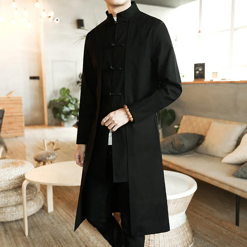 

Asian Cape Cotton and Linen Mid-length Trench Men's Korean Style Slim Plus Size Coat
