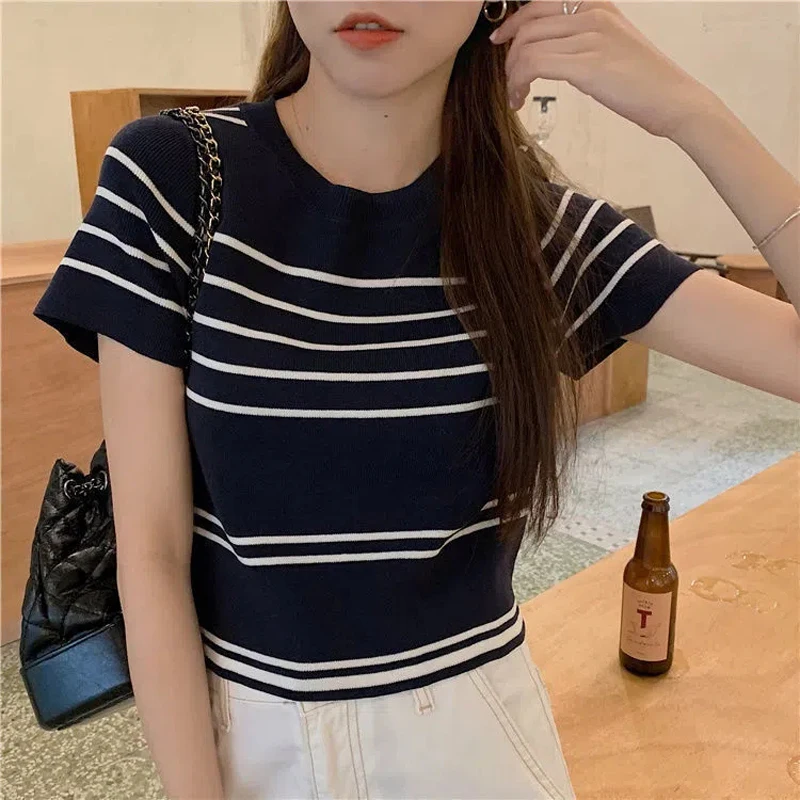 

Striped Crop Top Loose Knitting Short Sleeve T Shirt Design Fashion Woman Blouse