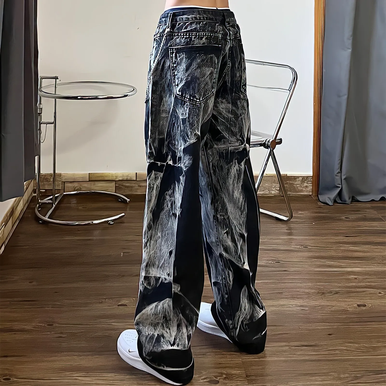 Baggy Black Jeans Women Tie Dye Washed Straight Wide Leg Pants High Waist Goth Vintage Streetwear Denim Casual Hippie Trousers